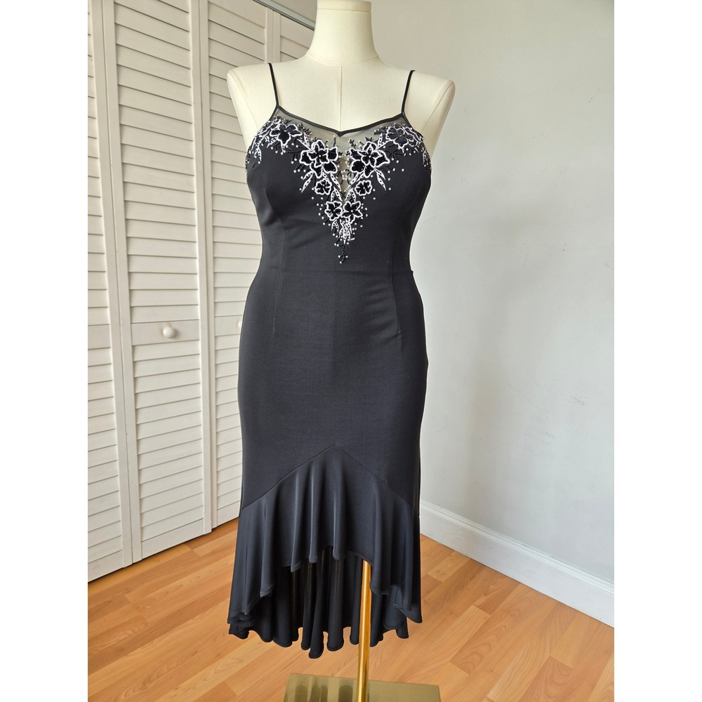 JS Boutique Black Embroidered Beaded Mermaid Midi Dress 10 Y2K Dark Romantic